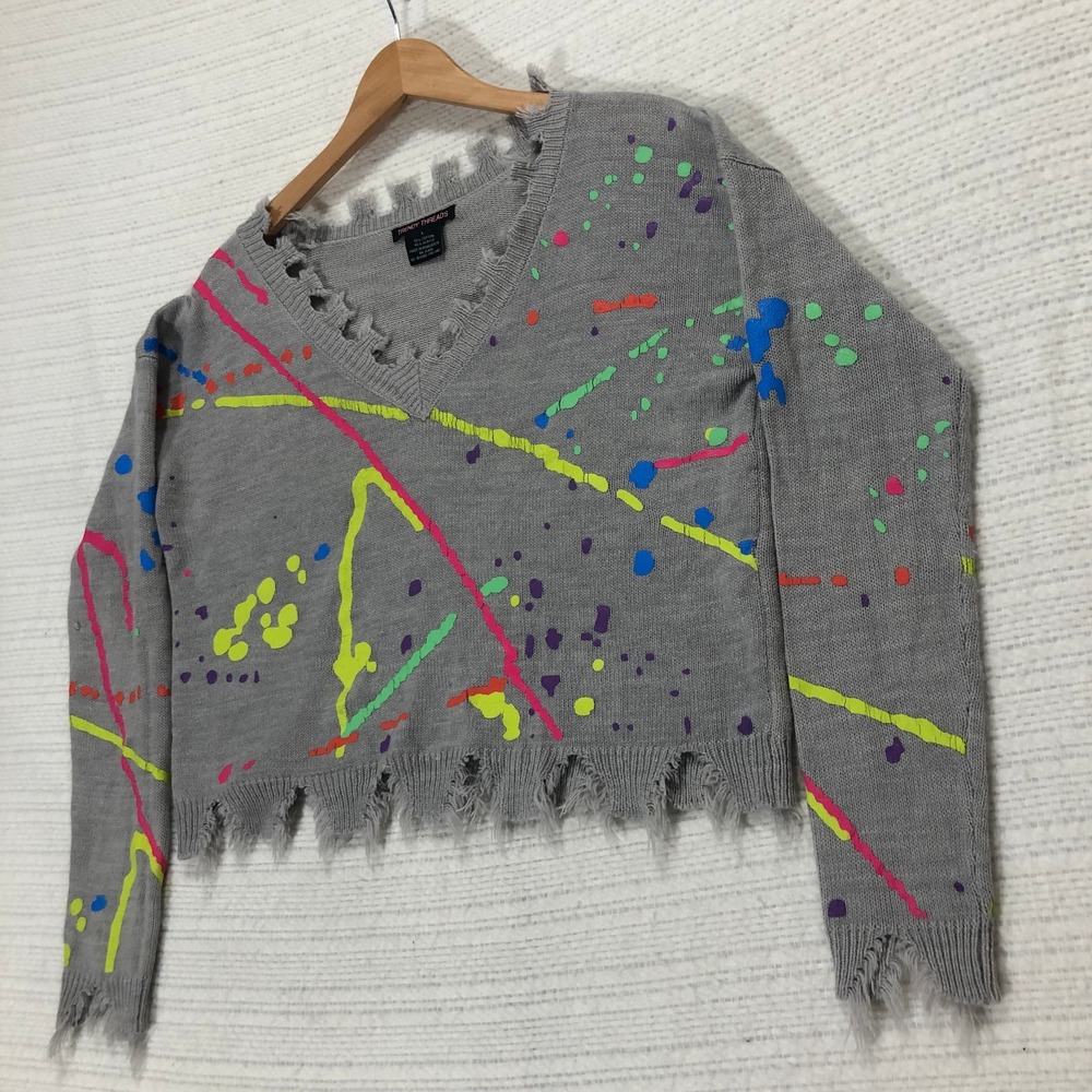 Trendy Threads Sweater Paint Splatter Distressed V Neck Pullover Gray‎ L